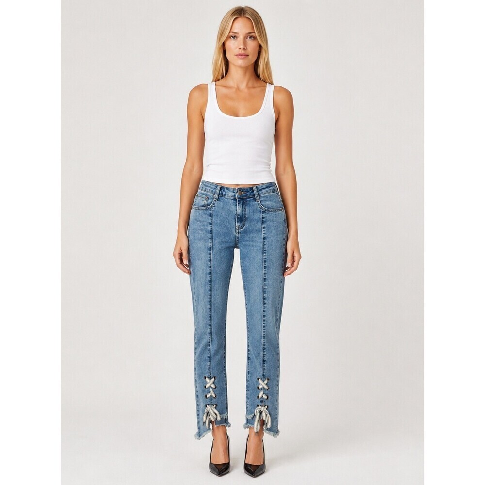 AZI New York Lace Up Hem Jean Women Size 2 Light Wash Denim Raw Edge Pintuck